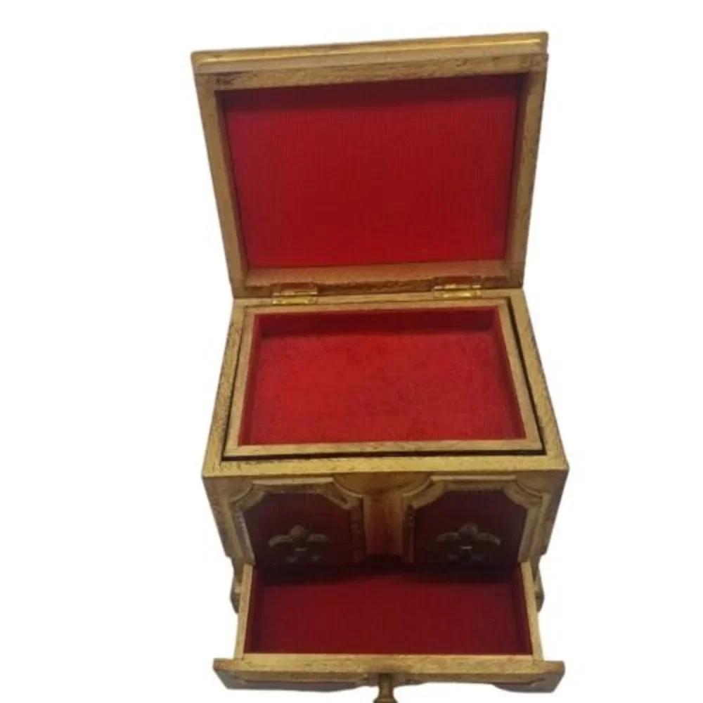 VTG Toyo Japan Wooden Jewelry Music Box Fleur de Lis 3 Drawer areas 7 X 7.5